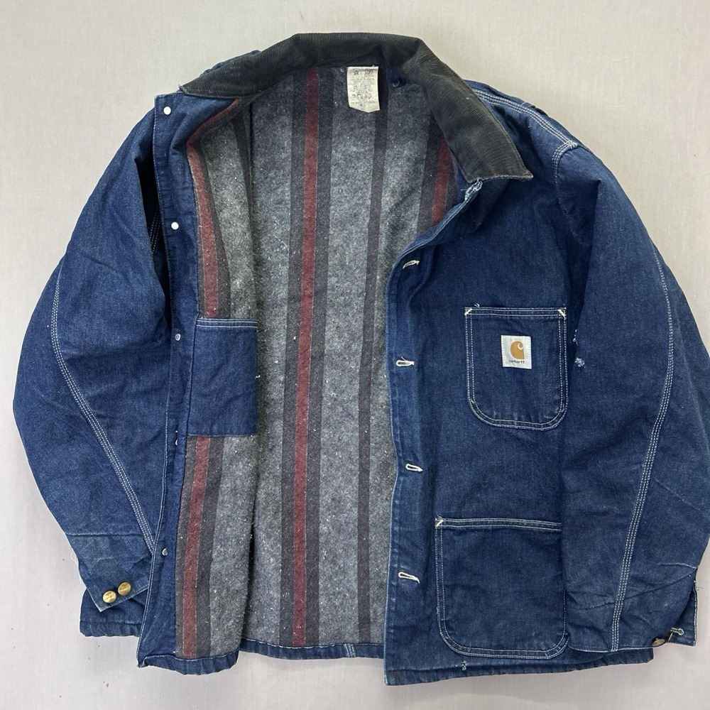 VTG Carhartt Chore Jacket 8LC Mens 50 Blue Union Made USA Denim Blanket Lined
